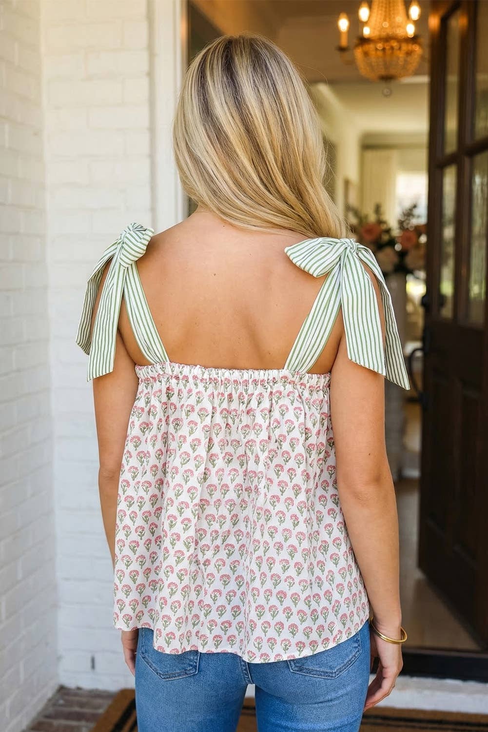 Floral Tie Strap Babydoll Tank  (S-XL)