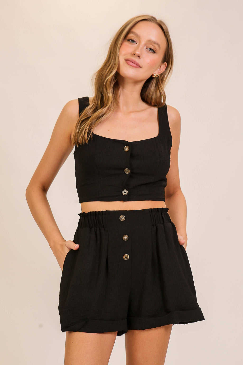 Classic Black Button Front Crop Top