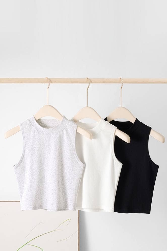 Basic Essential cotton blend fitted high neck crop tank top: White/Black/Coca / S-XL
