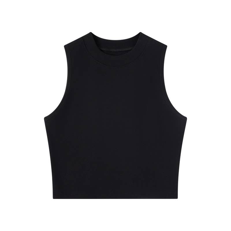 Basic Essential cotton blend fitted high neck crop tank top: White/Black/Coca / S-XL