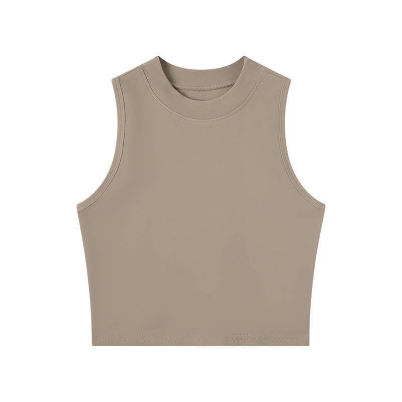 Basic Essential cotton blend fitted high neck crop tank top: White/Black/Coca / S-XL