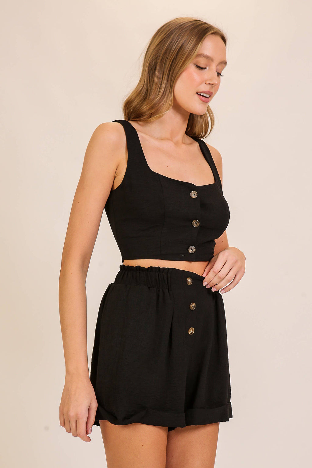 Classic Black Button Front Crop Top