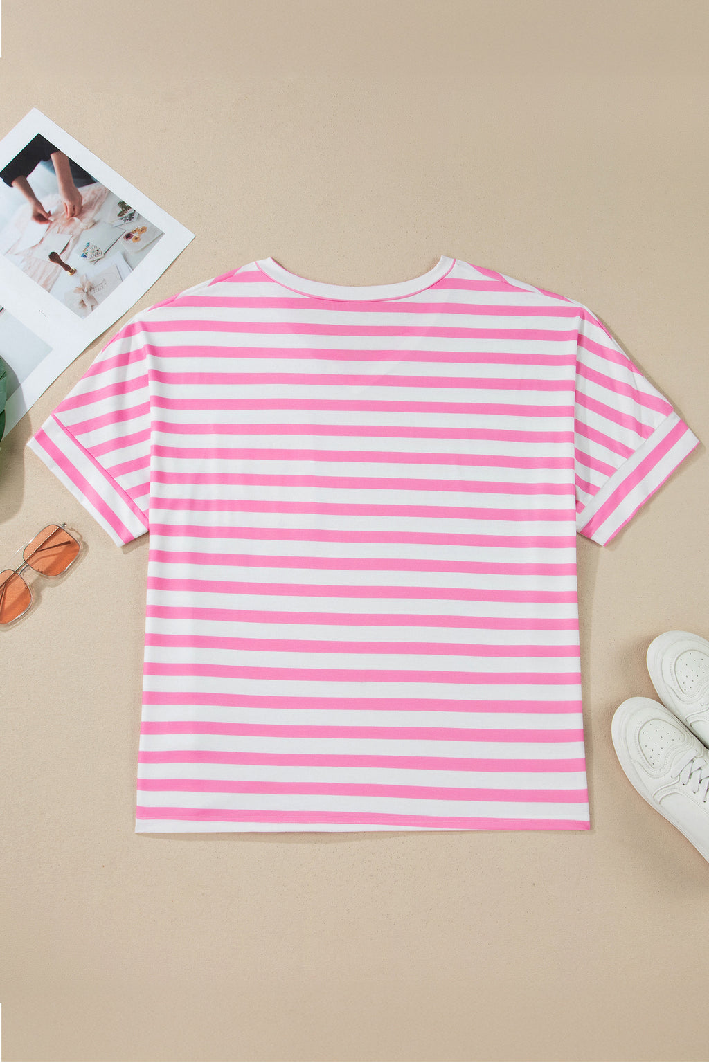 Pink Stripe Pocket V Neck