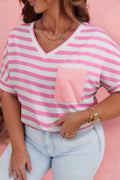 Pink Stripe Pocket V Neck