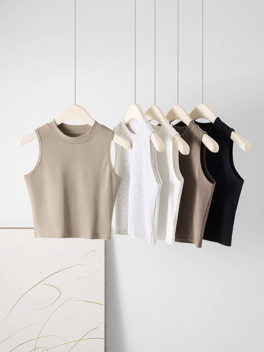 Basic Essential cotton blend fitted high neck crop tank top: White/Black/Coca / S-XL