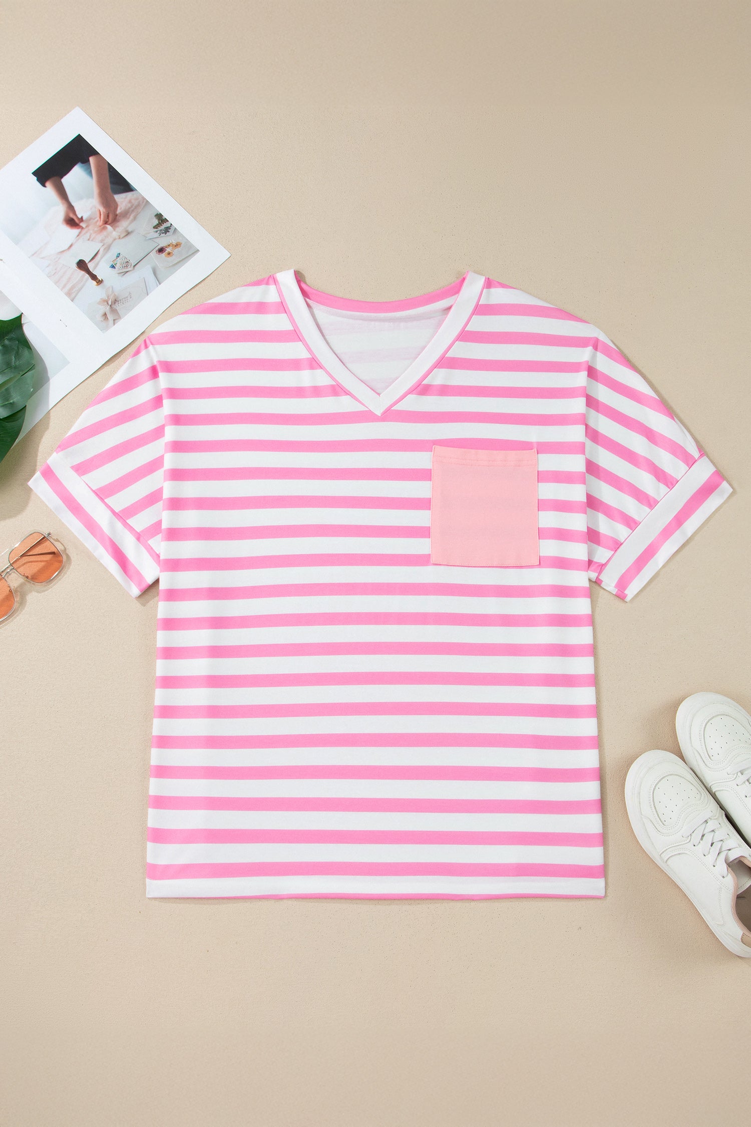 Pink Stripe Pocket V Neck