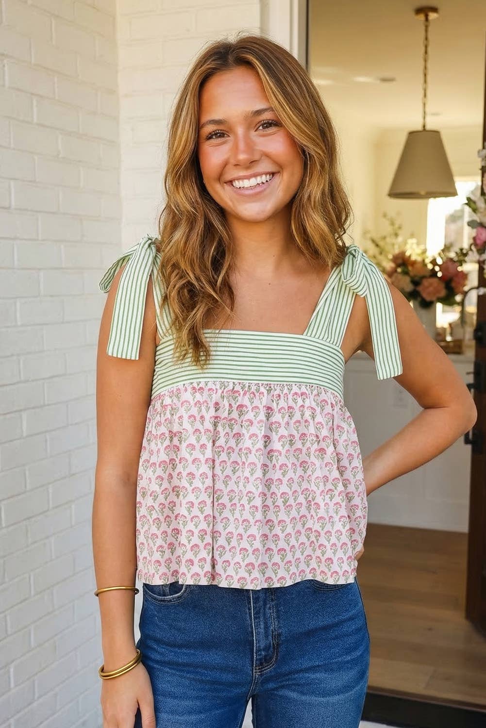 Floral Tie Strap Babydoll Tank  (S-XL)